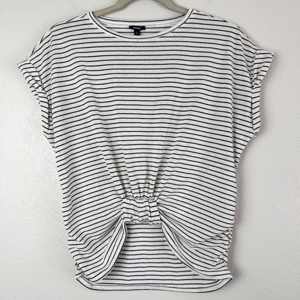 Express ivory black stripe front knot cap sleeve t-shirt XS
